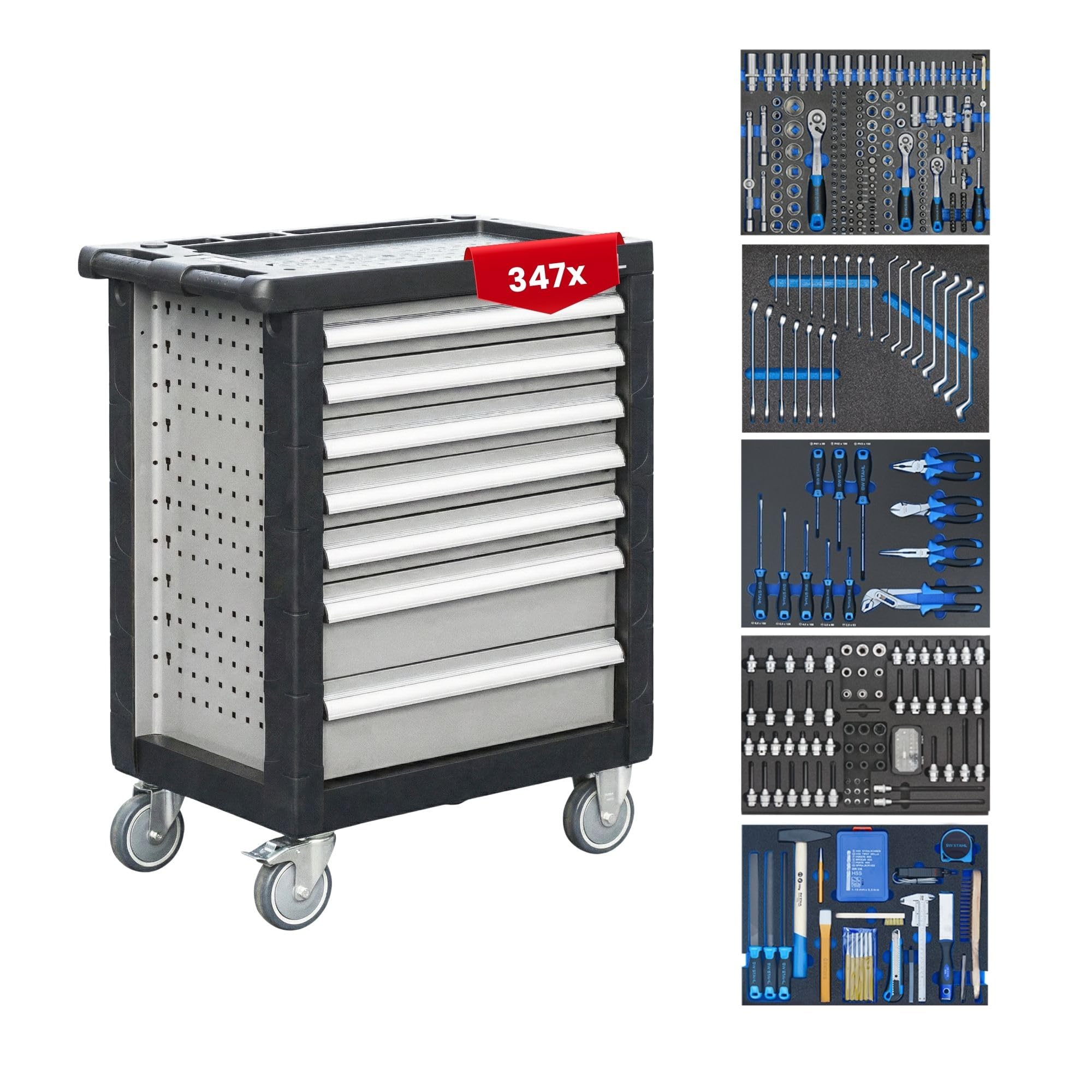 SW-Stahl Z3705 Carro de Taller con 347 Herramientas y 7 Cajones | Incluye 5 módulos equipados con 347 piezas, protección de cantos, cierre rápido y organizadores para taller mecánico.