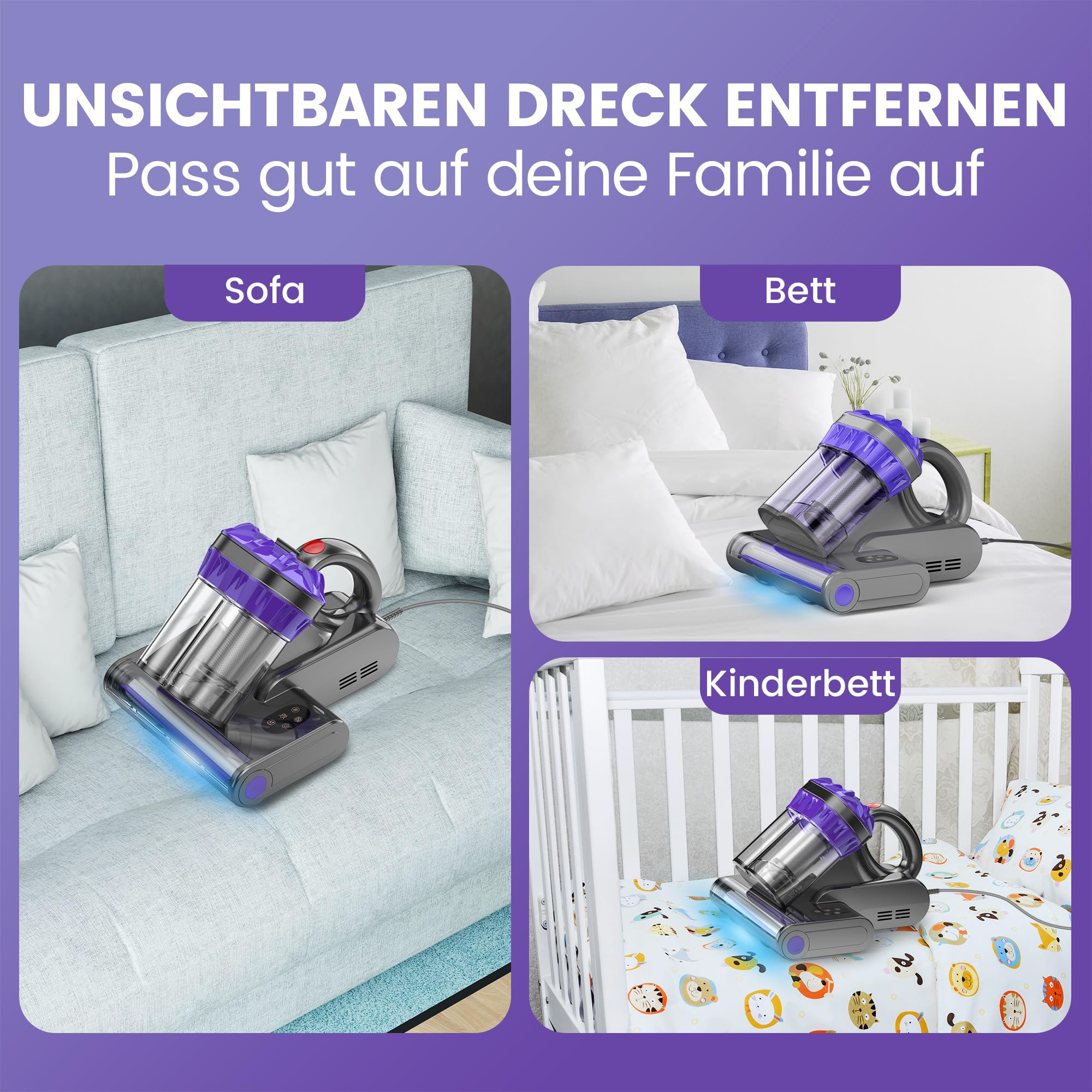 Milbenstaubsauger mit UV-Licht & Heißluft, 16Kpa Saugkraft, 550W, für Matratzen, Sofa, Teppiche