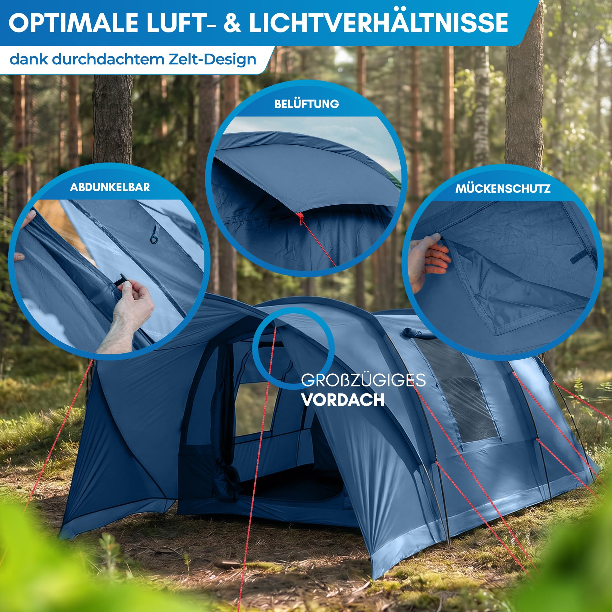 NORDMUT® Tente tunnel 4 ou 6 personnes coupe-vent avec auvent et sol - Tente familiale stable avec hauteur debout - Tente de camping imperméable avec une excellente circulation de l'air
