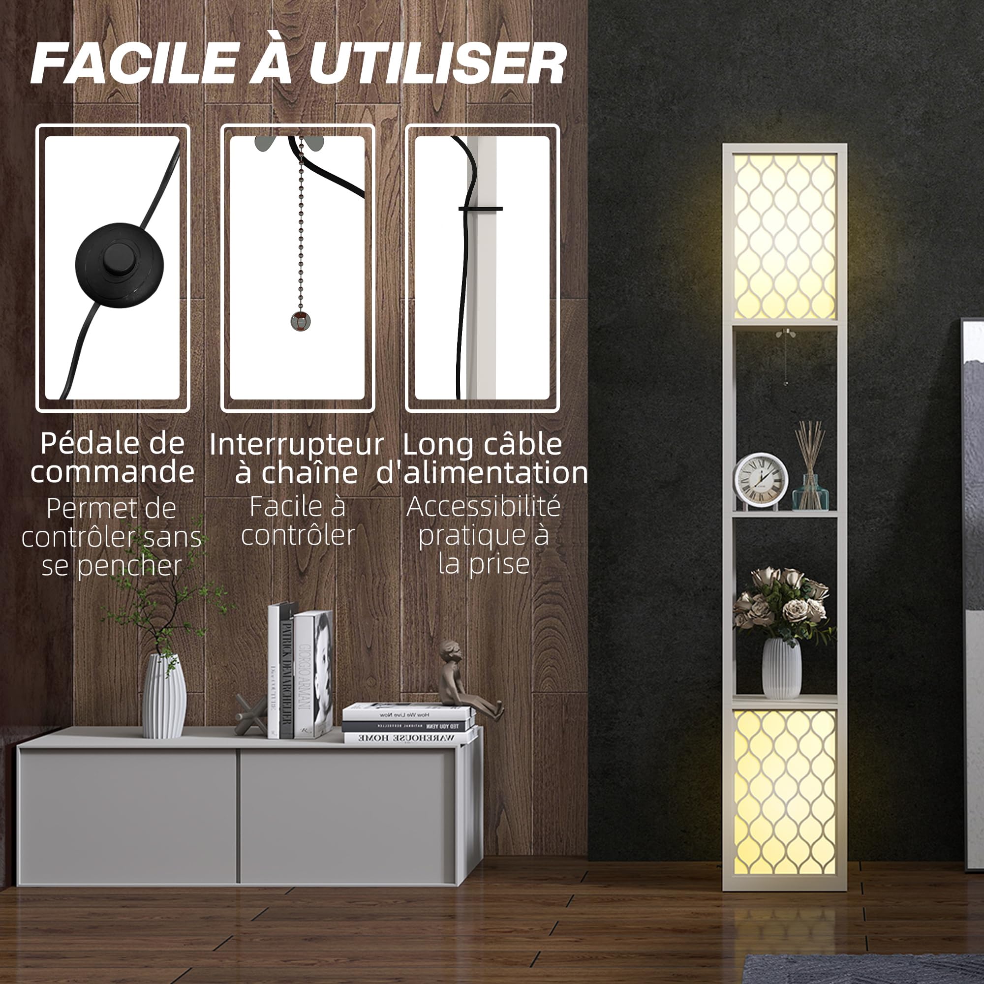 HOMCOM Lámpara de Pie con Estante, 2 Lámparas con Casquillo E27, 2 Estantes, 4 Niveles, Diseño de Nido de Abeja, Pantalla de Terileno Algodón, MDF, Gris