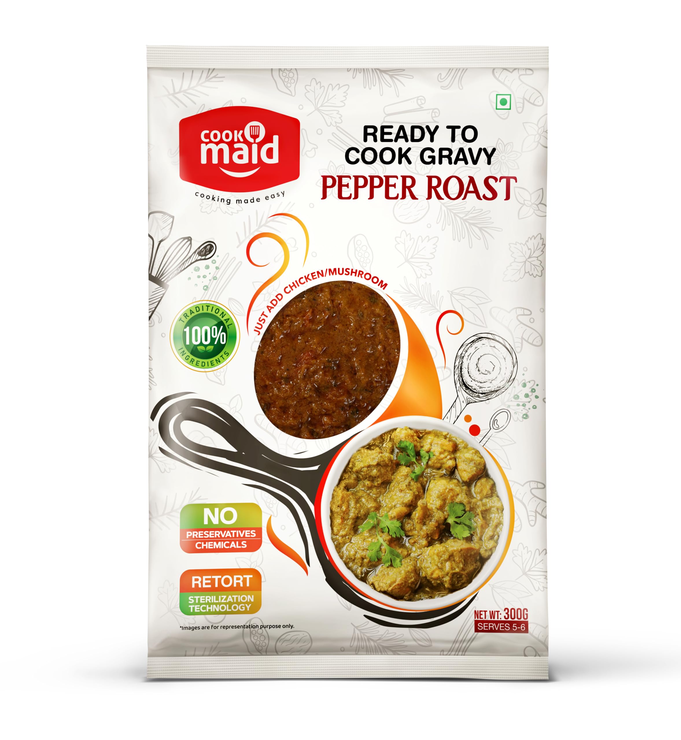 COOKMAID Pepper Roast | Ready To Cook Gravy | Tasty & Aromatic | No Food Additives or Preservatives | Ready Chicken Masala, Duck Roast, Egg Roast | Instant & Easy to Make | Pure Vegetarian Base Pepper Masala | Serves 5-6 | 300g