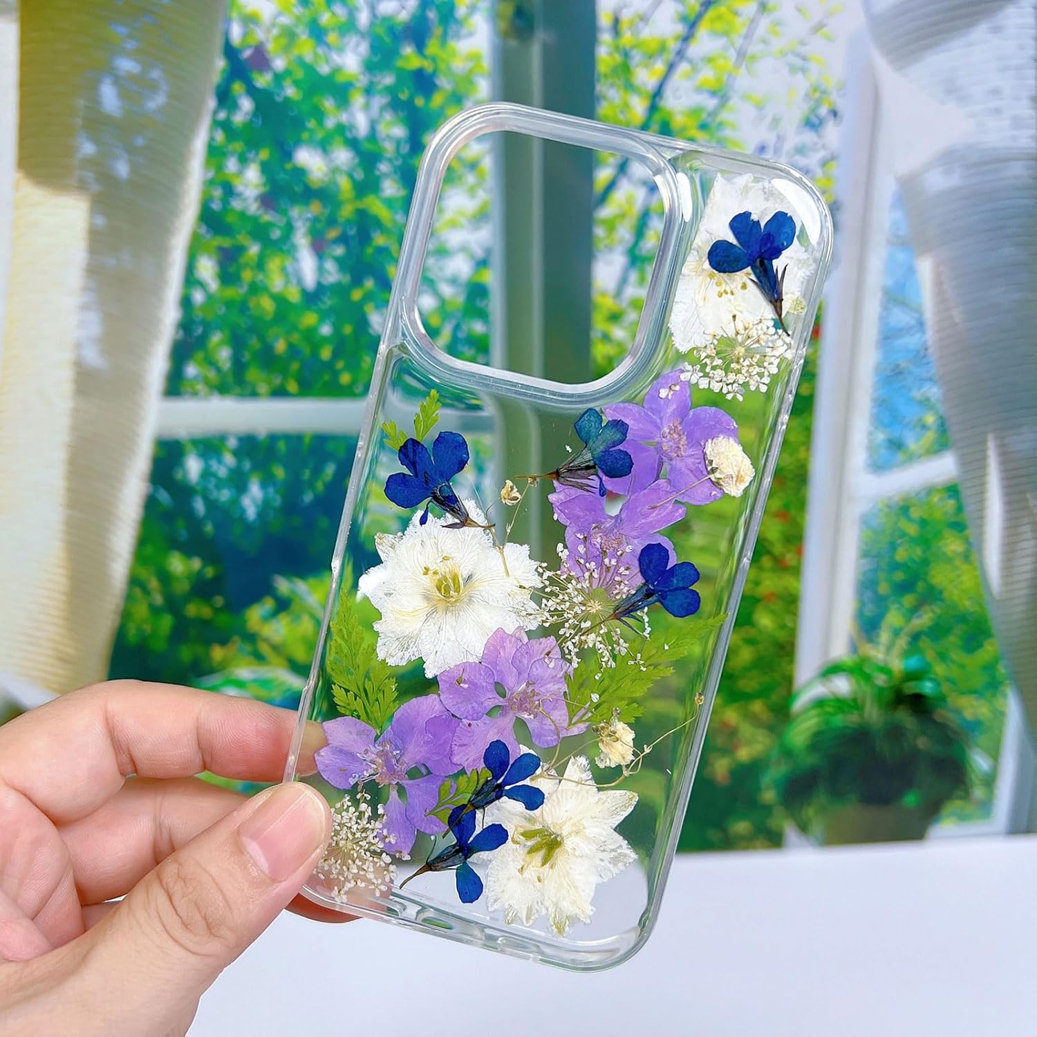 Abbery for iPhone 15 Pro Max Case Clear with Purple Blue White Pressed Flower Design Cute Silicone TPU Real Dried Floral Aesthetic Protective Shockproo Women Girl's Phone Cover(Navy Flower) - Image 5