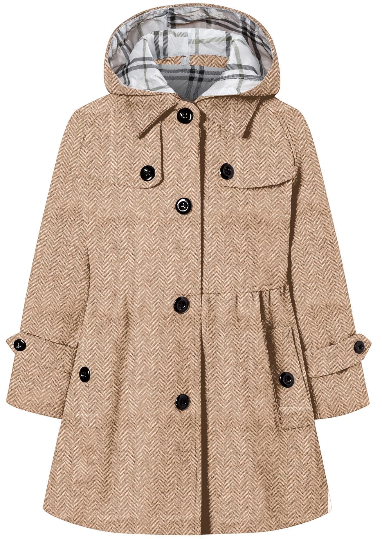 Betusline Girls' Dress Coat Hoodie Wool Blend Coats Fall Winter Peacoat