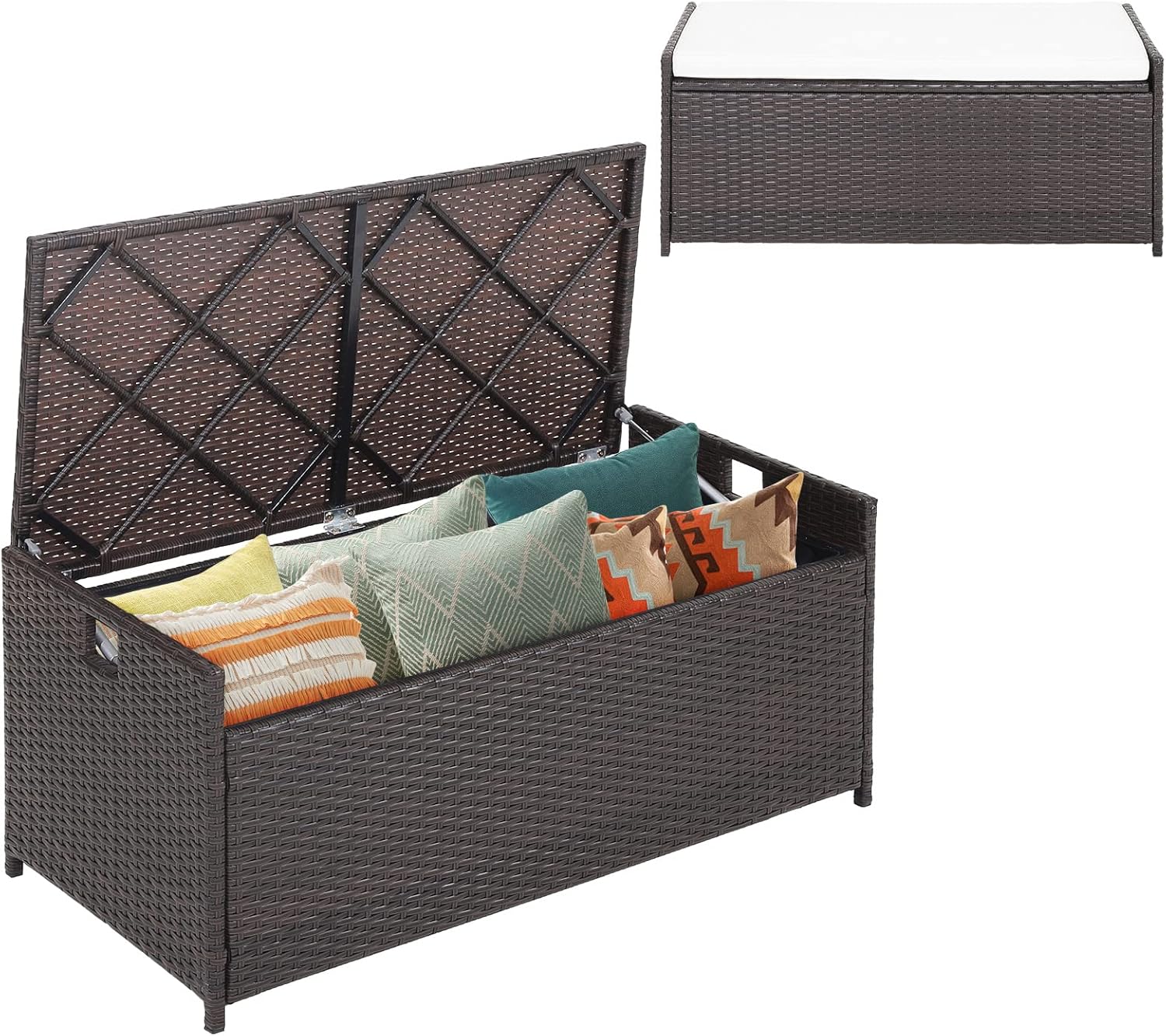 HAPPYGRILL 34 Gallon Patio Storage Bench Deck Box, 3-in-1 Rattan Wicker Storage Box with Seat Cushion & Zippered Protective Liner, Effort-Saving Gas Strut