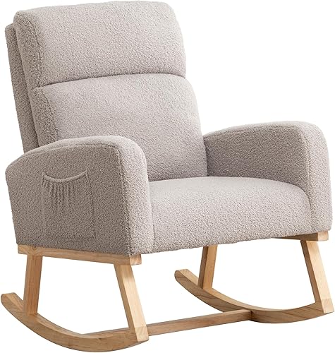 Miniatura 16 de Mecedora para guardería, sillas de enfermería de cuero con patas de madera y bolsillo lateral, cómoda silla mecedora para guardería, sala de estar,