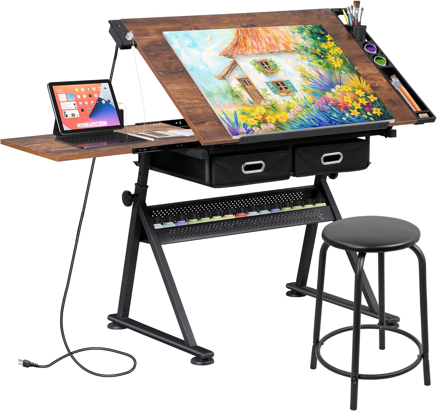 ZENY Adjustable Drafting Table with Stool - Tilting Artist Desk, Height Adjustable Drawing Table with Storage Drawers for Art, Crafts, Home Office