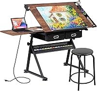 ZENY Adjustable Drafting Table with Stool - Tilting Artist Desk, Height Adjustable Drawing Table with Storage Drawers for Art, Crafts, Home Office