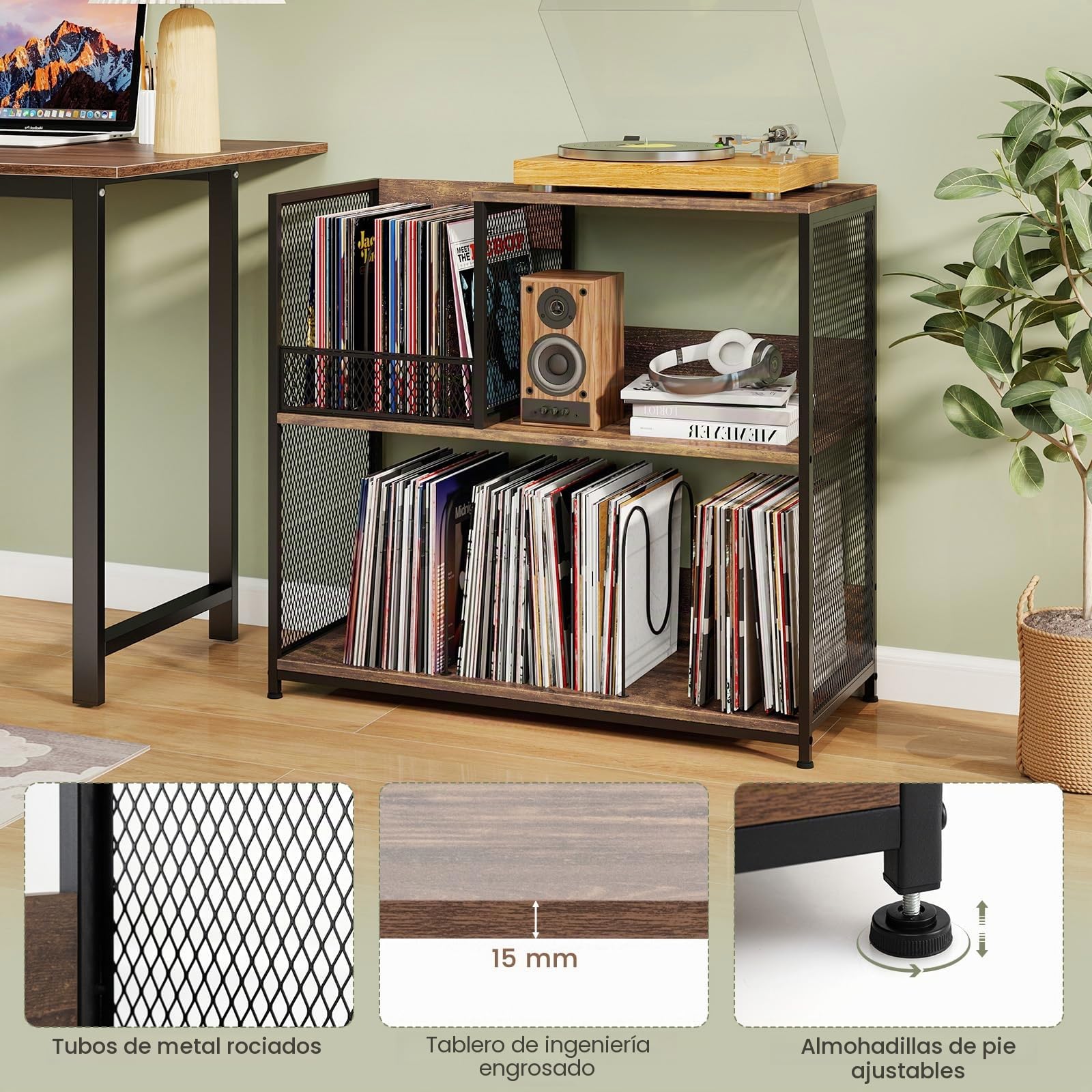 GIANTEX Soporte para Tocadiscos de 3 Niveles con Compartimento Abierto y 3 Divisores Extraíbles, 83 x 36 x 76,5 cm, Estantería para Discos de Vinilo, Mueble para Salón, Dormitorio (Marrón)