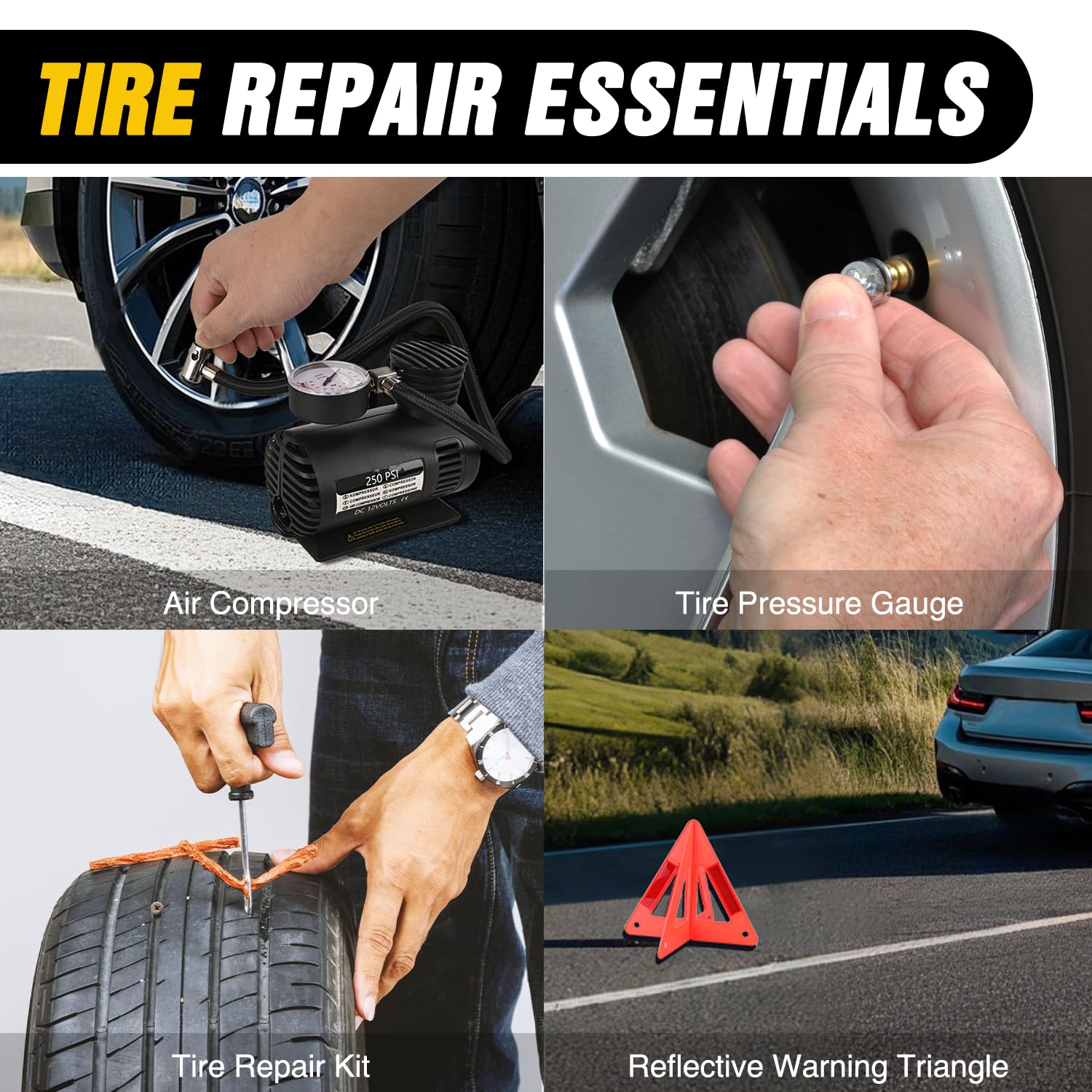 Nilight Kit di emergenza per auto con cavo di avviamento, compressore d'aria, riparazione pneumatici, strumento necessario, spina a coccodrillo di primo soccorso, kit elettrico per viaggi, campeggio,