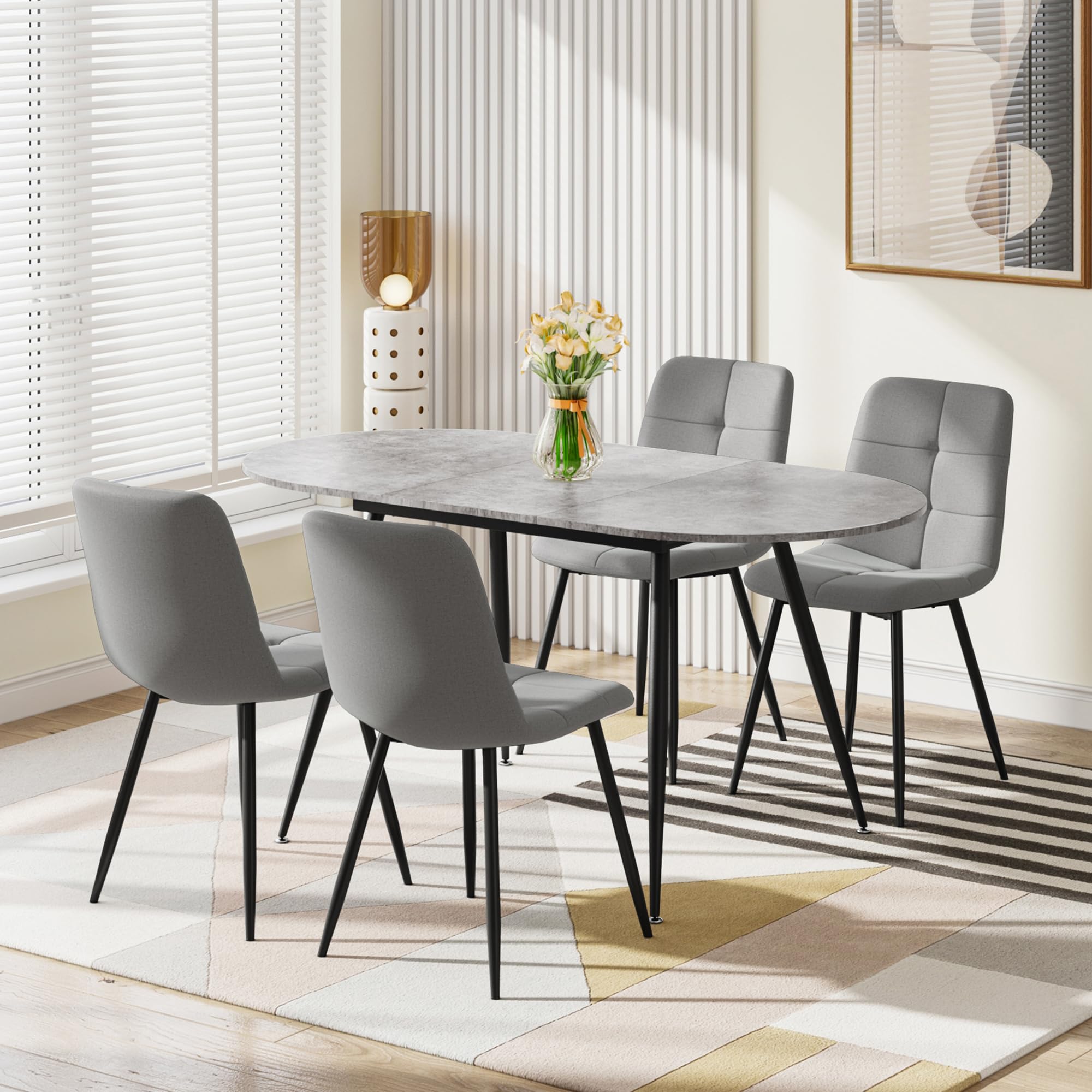 Luxstein Extendable Dining Table and Chairs Set 4, 120-160cm Oval Concrete Effect Table with 4 Grey Upholstered Linen Chairs for Dining Room, Kitchen