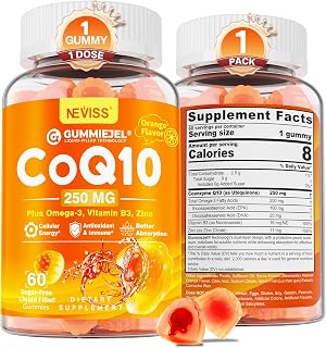 Sugar-Free CoQ10-250mg / 500mg Filled Gummies - Plus Omega-3, EPA + DHA, B3 & Zinc - Ultra Co Q-10 Supplements for Hear-t Health, Cellular Energy, Antioxidant Support, Up to 60 Day Supply, Vegan 60Cts