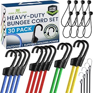 Bungee Cords Heavy Duty Outdoor with Hooks - Premium Grade - 30 Pack Variety Set in Assorted Sizes - Assortment of Bungee With Hooks, Ball Bungees and Small Mini Bungees