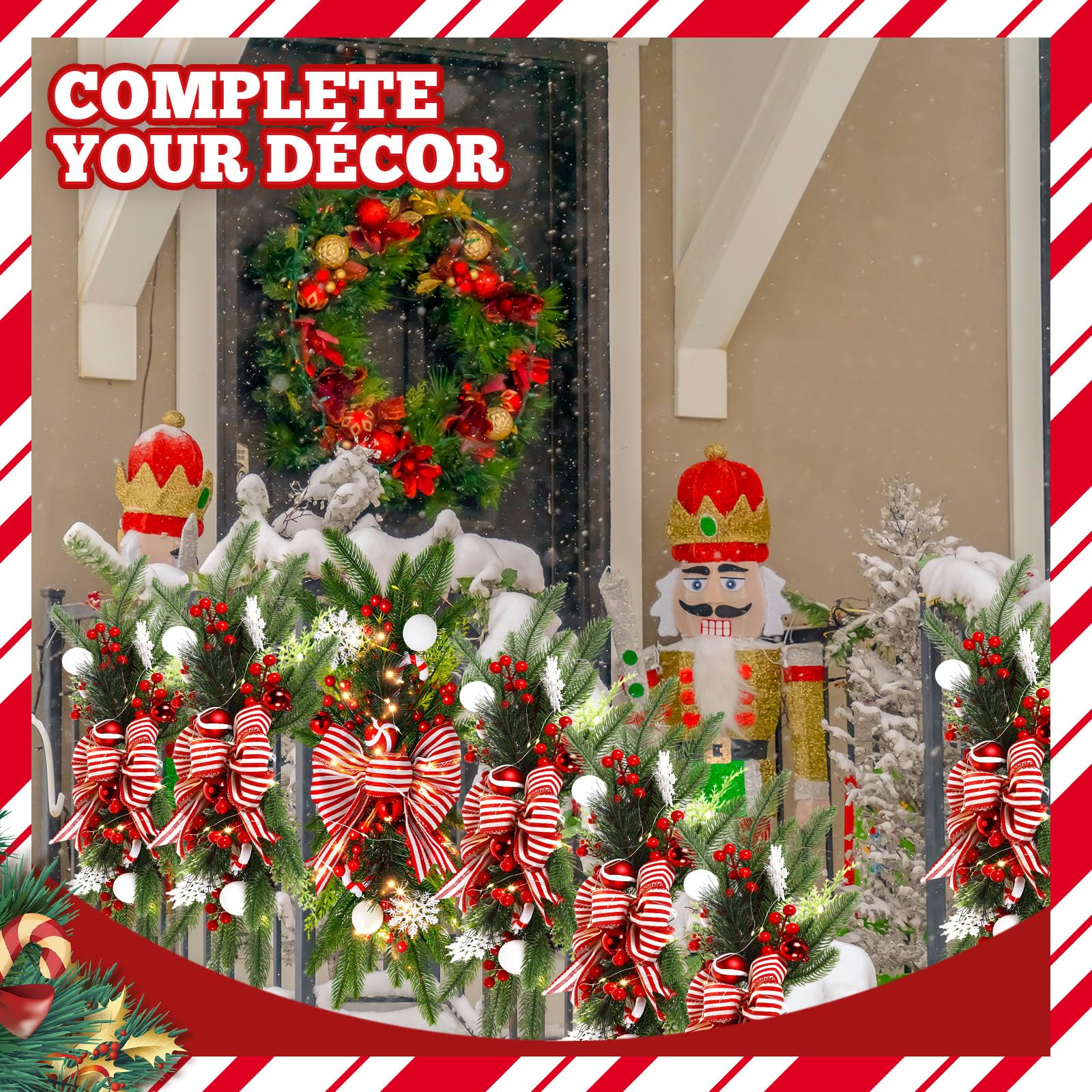 Lyrow Lot de 4 guirlandes de Noël artificielles de Noël de 61 cm - Sans fil - Prééclairées - Décoration de Noël pour extérieur, maison, jardin - Rouge et blanc - Style rétro