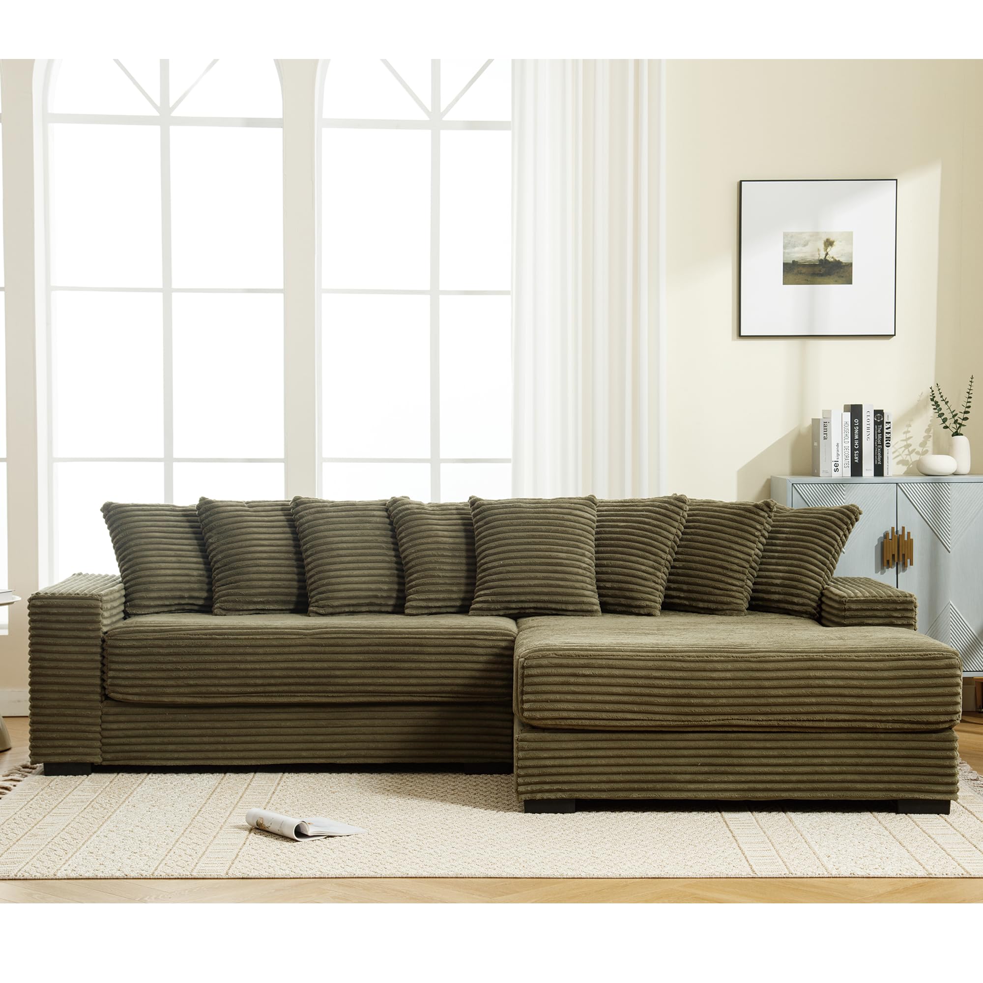 KEIKI 111" L-Shaped Oversized Corduroy Modular Sectional Sofa with Right Chaise Lounge and 8 Throw Pillows, 3-Seater Corner Couch with Padded