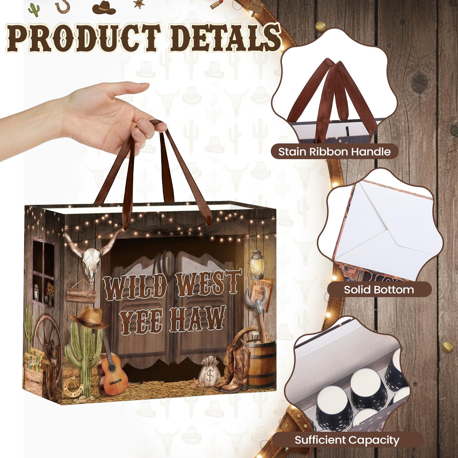 MOORIIY Western Cowboy Gift Bag with Tissue Paper and Greeting Card, Rustic Cowboy Birthday Gift Bag Wild West Wrapping Paper Bag for Boys Girls Birthday, Western Rodeo, Baby Shower Party Supplies