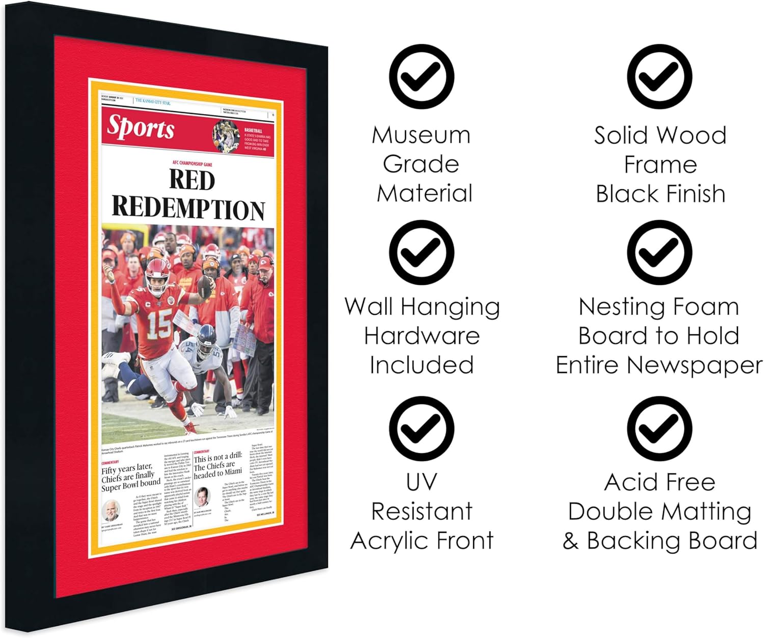 Poster Palooza 12x21.5 Frame for Newspapers | Acid Free Red on Golden Double Matting | UV Resistant Picture Frame Protective Acrylic | Newspaper Frame Conservation Backing Board | Hanging Hardware