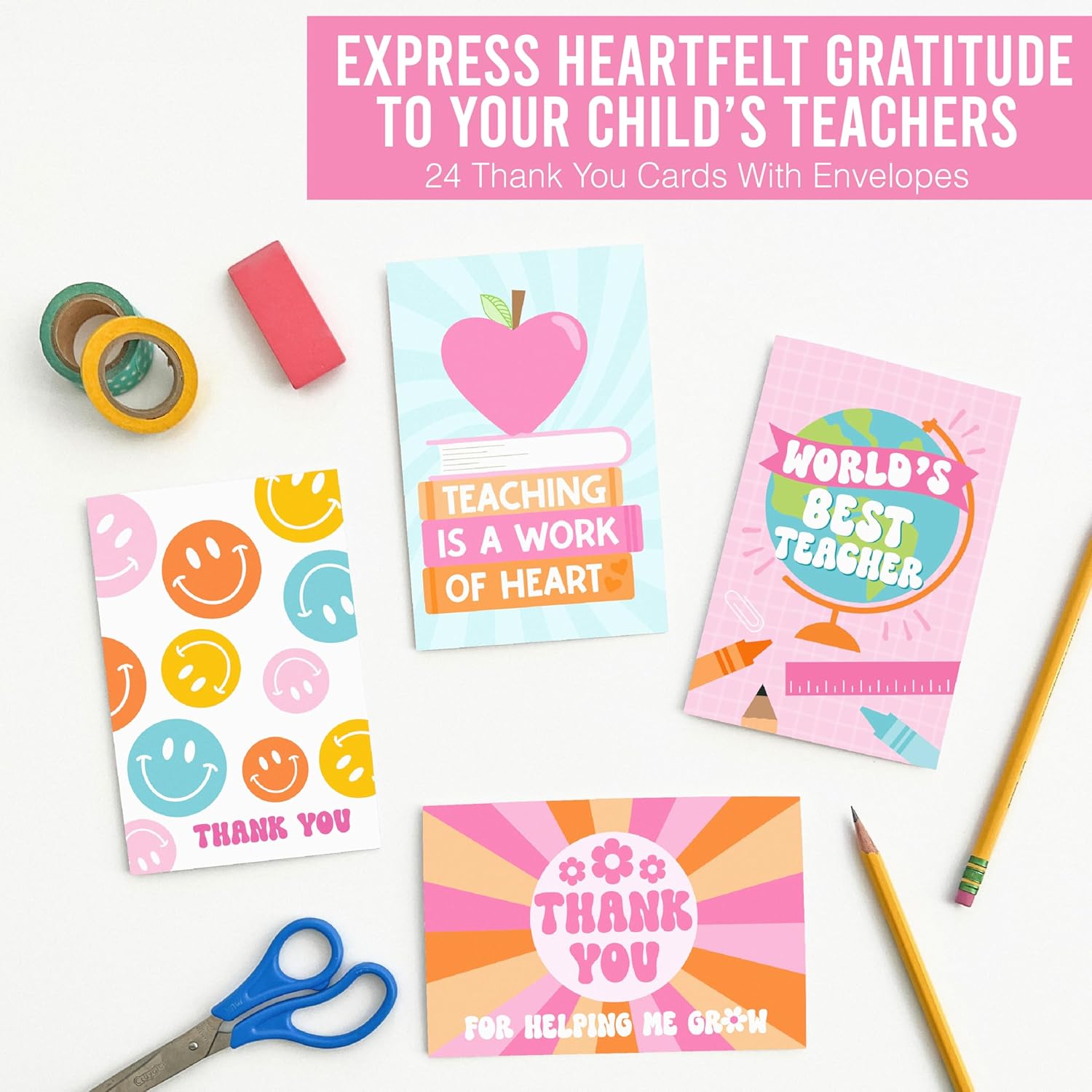 Hadley Designs Teacher Thank You Cards with Envelopes -24 Teacher Appreciation Cards Bulk, Cute Thank You Notes from Students, Teacher's Day End of School Year Christmas & Valentines Card for Teachers - Image 5