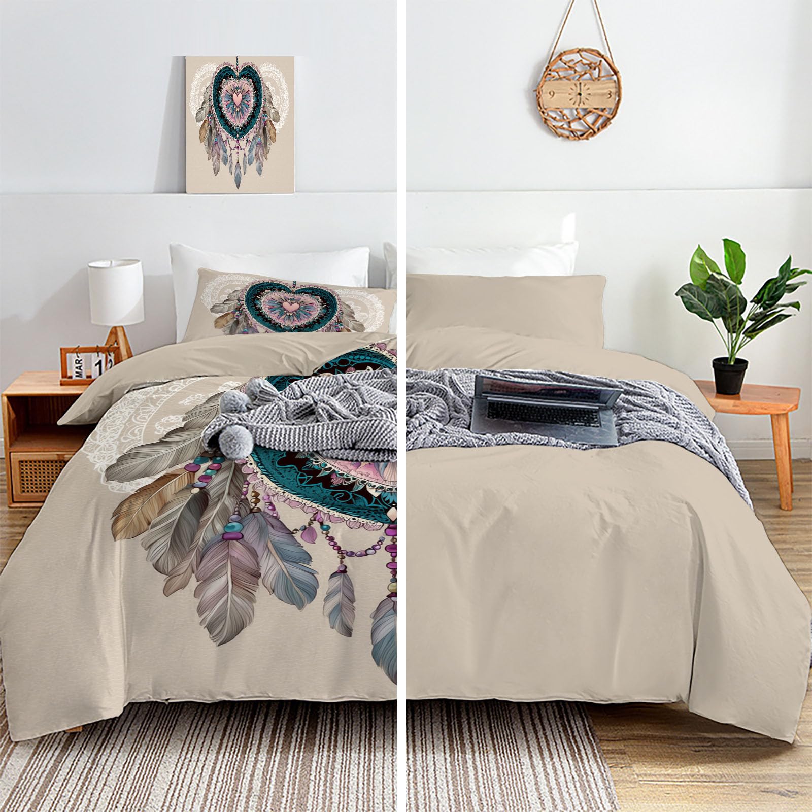 Wendebettwäsche 240X220 Beige Bohemianischer Traumfänger Schlafzimmer Bettwäsche 3Tlg, Retro-Federn Bettbezug Und 2 Kissenbezug, Weiche Mikrofaser Deckenbezug Mit Reißverschluss