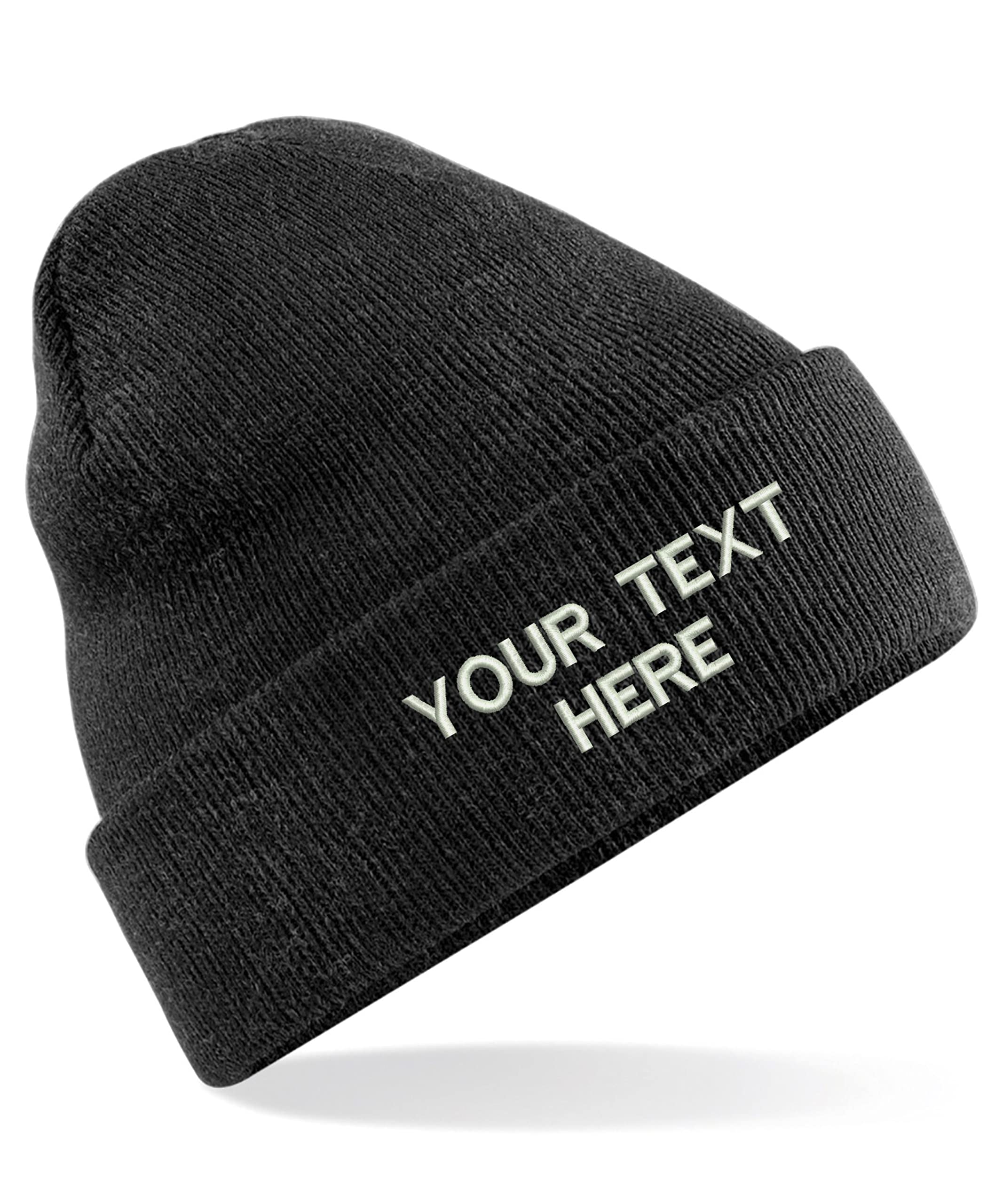 Personalised Embroidered Your Text Beanie, Knitted Cap Your Name Hat Unisex Gift (Charcoal)