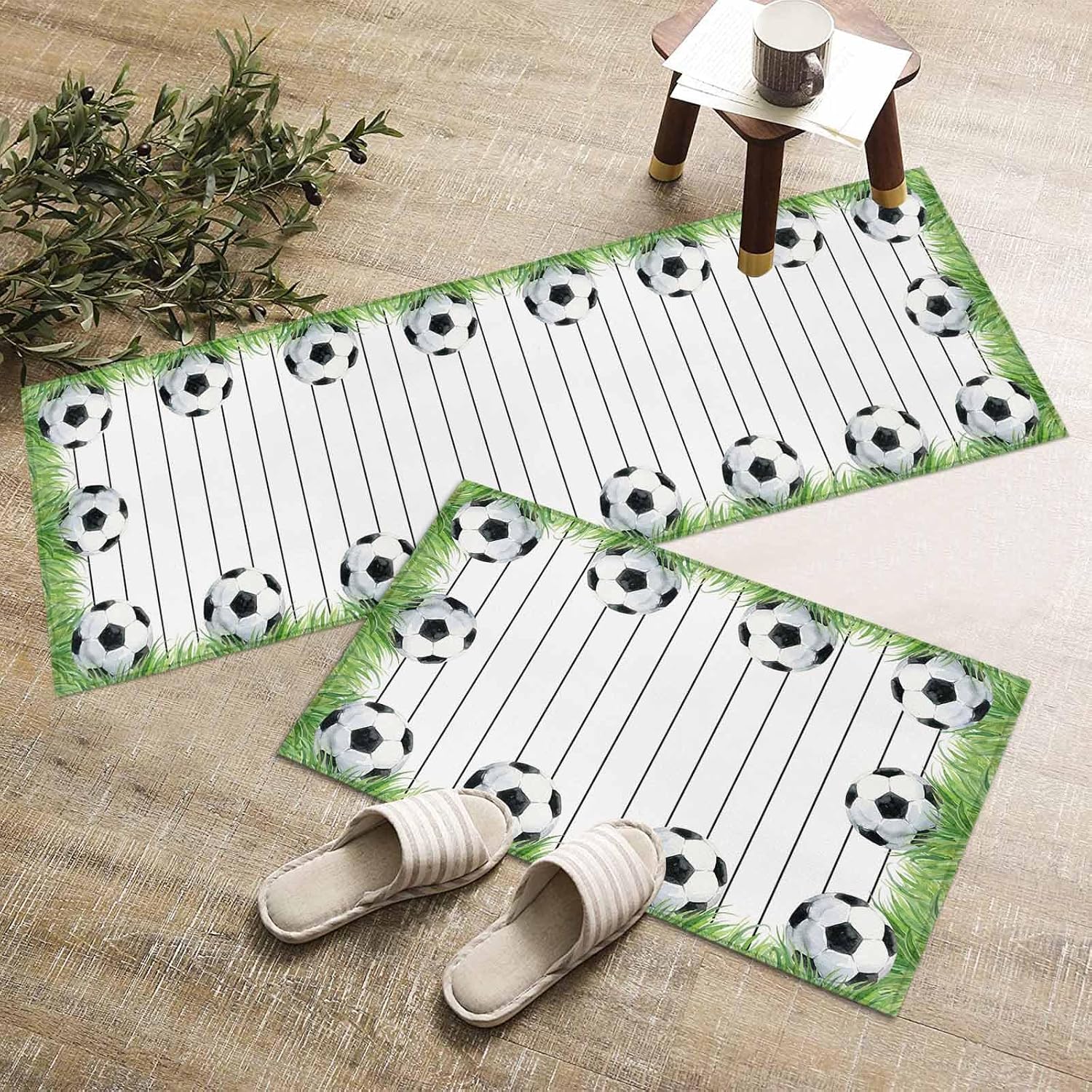 Teamery Kitchen Mats for Floor Soccer Balls Grass Frame Washable Non Slip Kitchen Rugs 2PCS, Black Striped Absorbent Standing Mats for Sink Bathroom Office Living Room 15.7x23.6in+15.7x47.2in