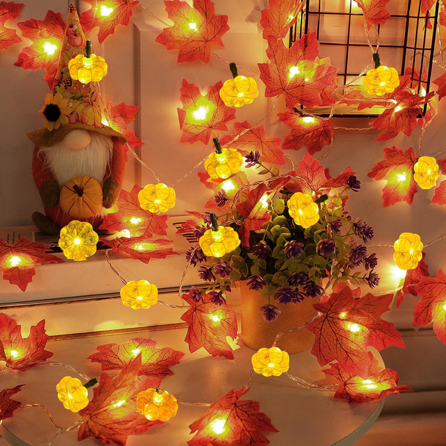 Maple Leaves Fairy Lights, Autumn Decorations Fairy Lights, Battery Operated Fall String Lights with Pumpkins, Fall Leaf Garland Light for Halloween Themed Party, Christmas Indoor Decor (1.5M -10LED)