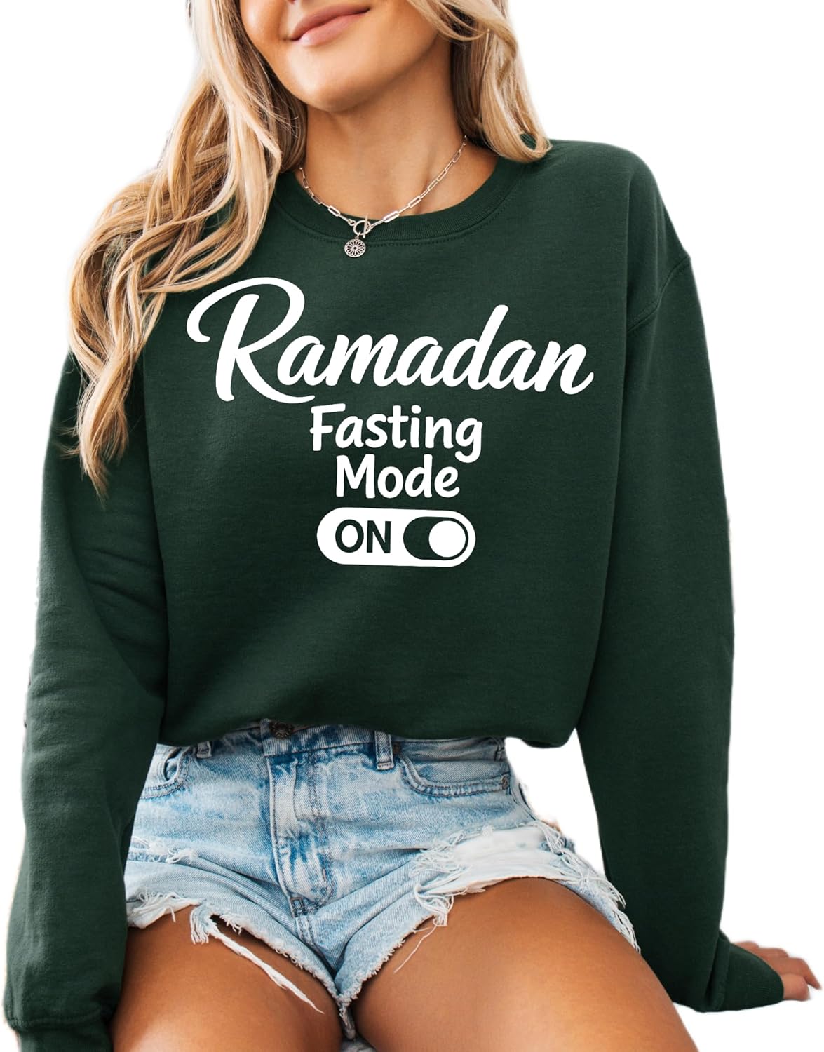 Ramadan Fasting Mode ON Graphic Sweatshirt in Forest Green – Fun Ramadan-Inspired Design