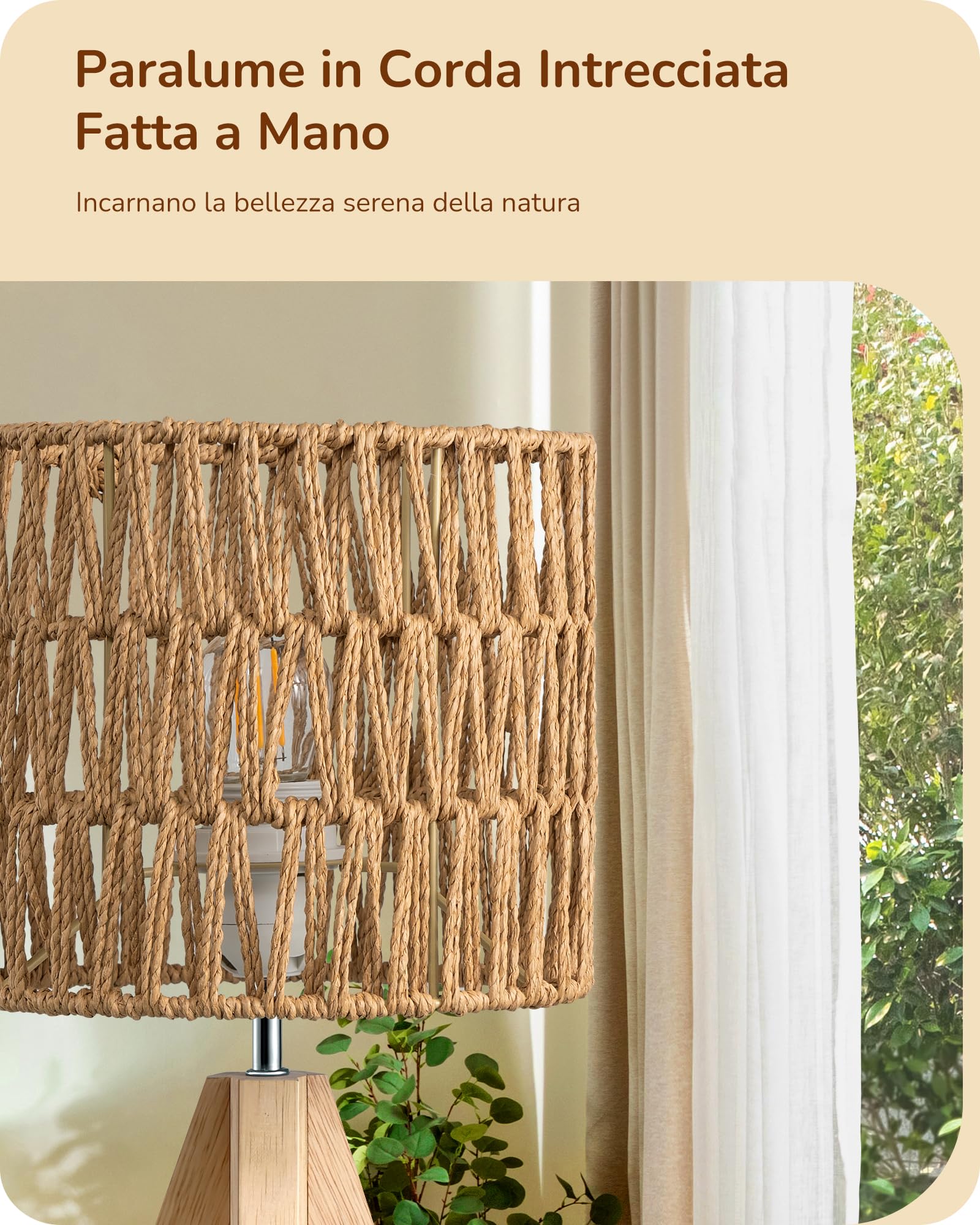 EDISHINE Lampada da Comodino con Treppiede in Legno Massiccio, Lampadina E27 2700K 4W Inclusa, Paralume in Corda Intrecciata a Mano, 20 x 20 x 36 cm, Lampada da Tavolo Moderna per Camera, Soggiorno