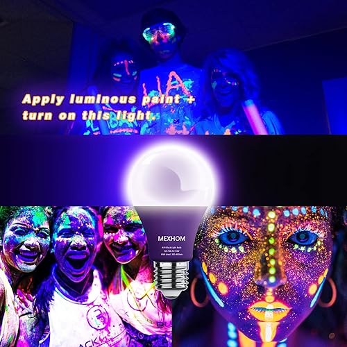 Miniatura 2 de Paquete de 12 bombillas LED negras A19, 9 W (equivalente a 100 W), base E26, luces negras con base E26, nivel UVA 385-400 NM, brillan en la