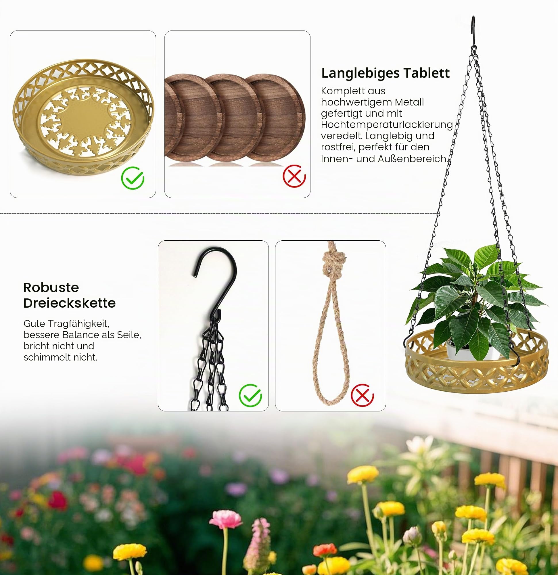 3 hängeblumentopf mit Holzsockel, Metallring und Aufhängeschlaufe, runde hängende Pflanzgefäße für den Innenbereich, Schwarze hängende Pflanzgefäße für Wände und Decken