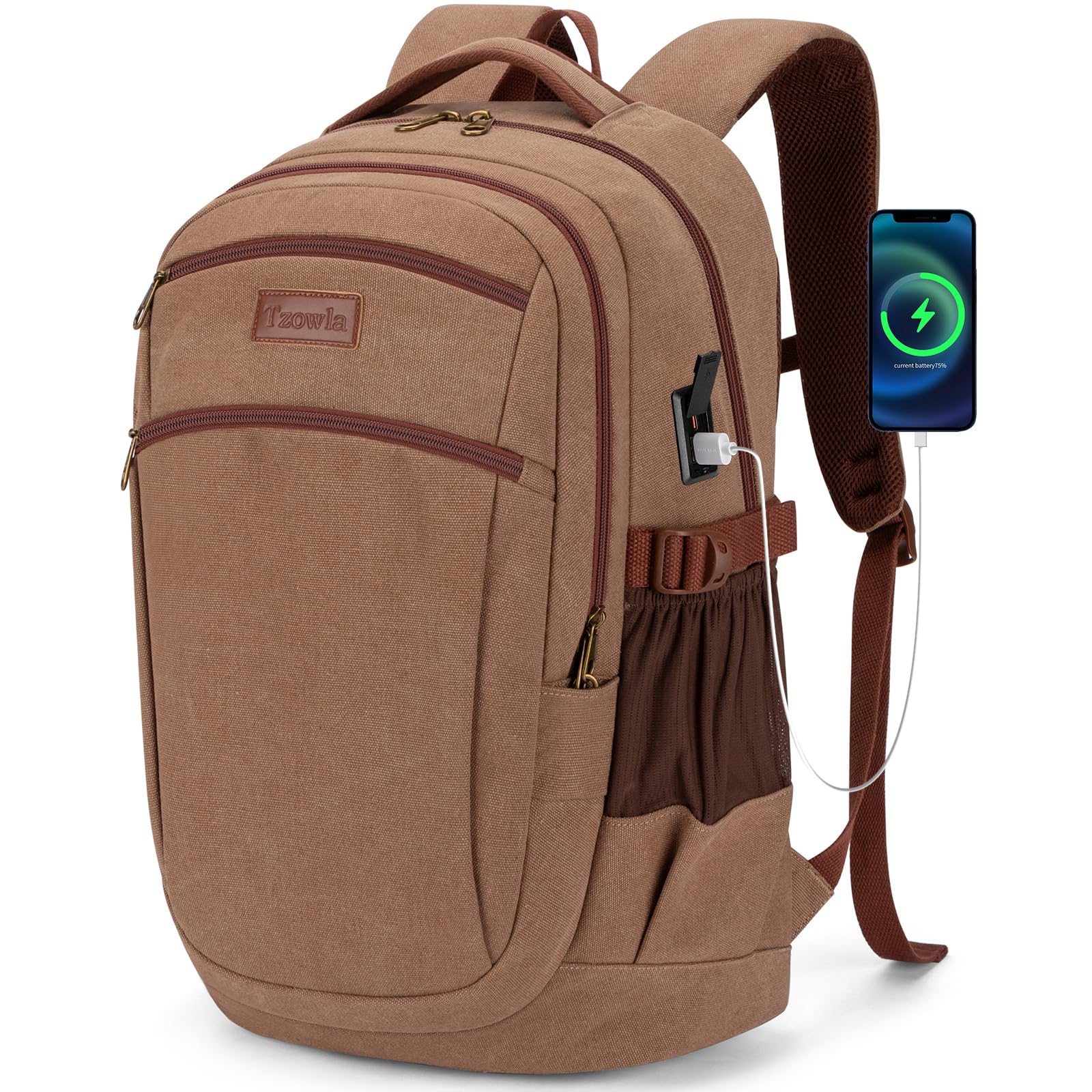 Tzowla Vintage Canvas Laptop Backpack for Men and Women,College Travel Work Rucksack with USB/Type-C Charging Port,Lightweight Bookbag Hiking Casual