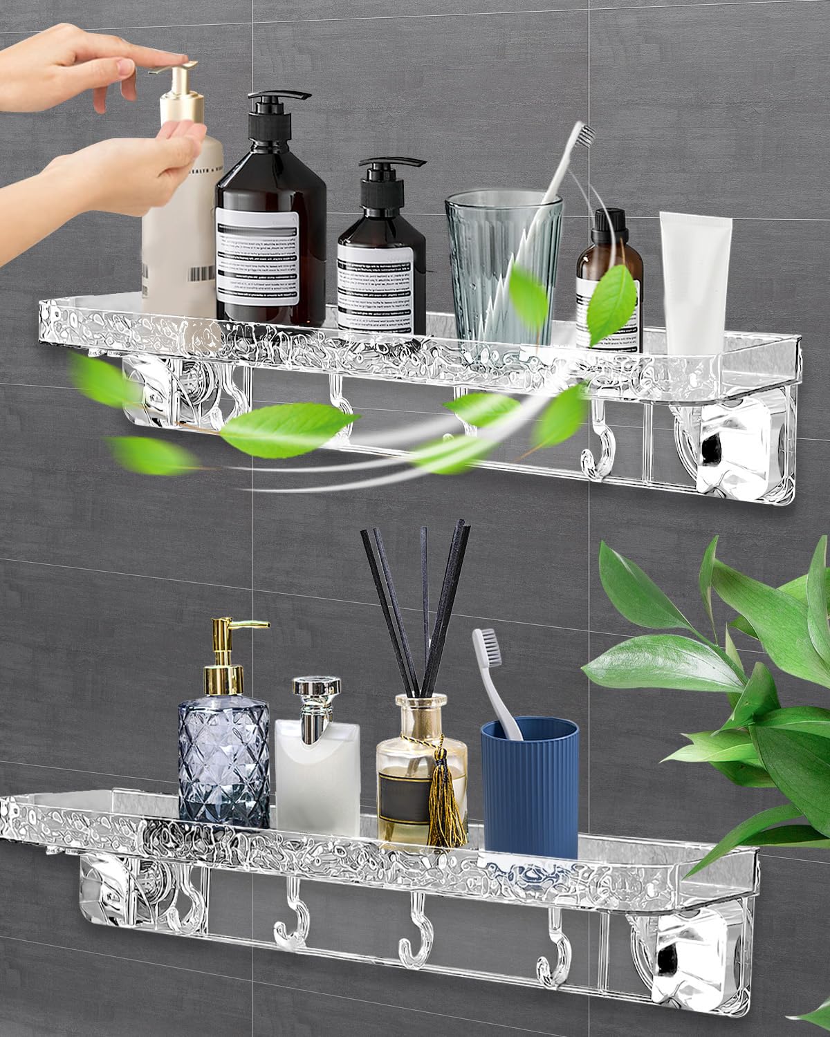 Aimery Estantería de ducha esquinera para baño, paquete de 2 unidades con ventosa con 4 ganchos, para almacenamiento de baño, decoración del hogar y cocina, sin taladrar, estantes de ducha extraíbles