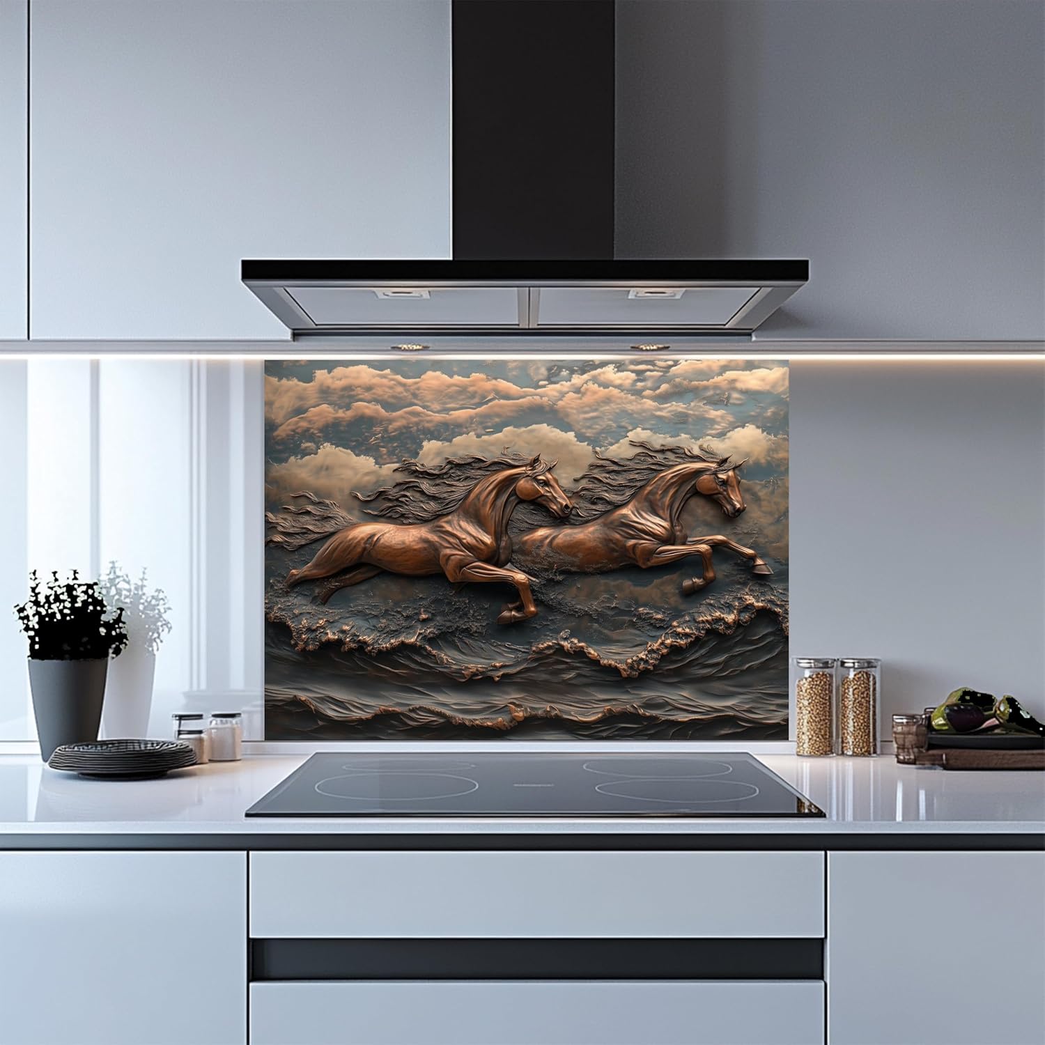 Tempered Glass Backsplash for Kitchen, Galloping Horses in the Waves Design Glass Backsplash, Copper Look Backsplash for Kitchen Wall, Rustic Kitchen Backsplash, Easy to Install Stove Backsplash