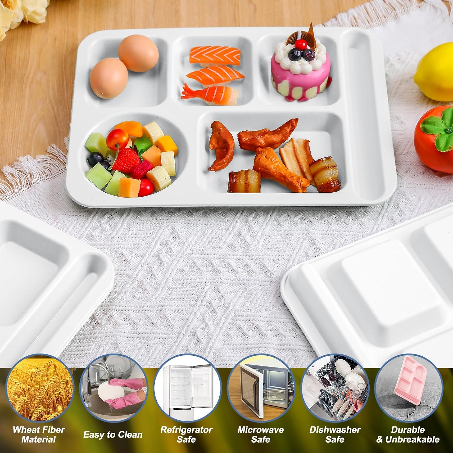 Pinkunn 12 Pcs 14'' Large Divided Plates Unbreakable Wheat Straw Lunch Trays 6 Compartments Cafeteria Trays Microwave Dishwasher Safe Food Separator Plates (White)