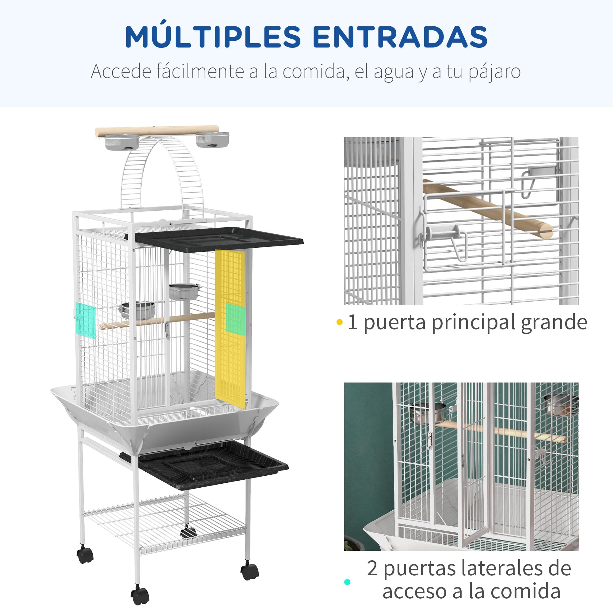 PawHut Jaula para Pájaros Jaula para Loros con Ruedas Perchas Comederos Estante Puente Arqueado y Bandejas Extraíbles Pajarera para Cacatúa NINFA Cacatúas Cotorras 62,5x62,5x156 cm Blanco
