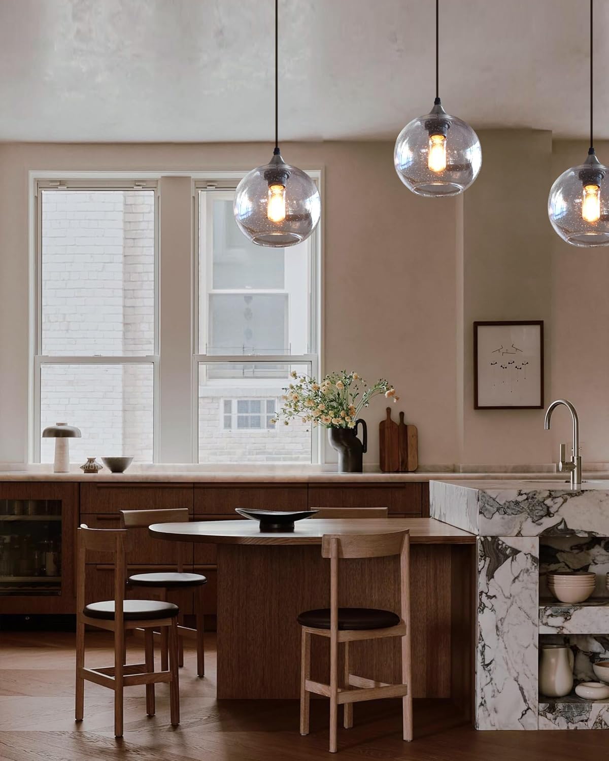 ARIAMOTION Globe Pendant Lights Kitchen Island 3 Pack Hand Blown Glass Modern Rustic Lighting Clear Seeded Bubbles Dining Room Table Coffee Bar Counter Brushed Nickel Lamp 7.4 Inch Diam