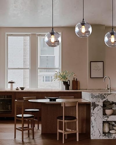 Miniatura 4 de ARIAMOTION Luces colgantes para isla de cocina, paquete de 3 unidades de vidrio soplado a mano, iluminación rústica moderna, burbujas transparentes