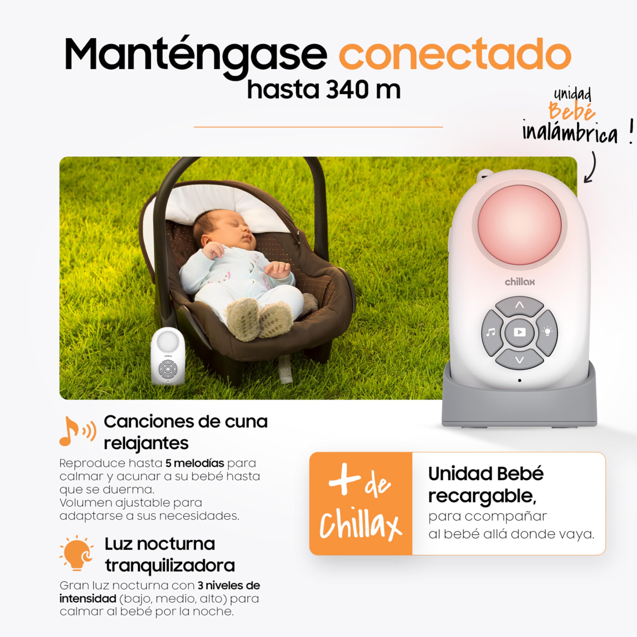 Chillax -Vigilabebés Audio CB360 Portátil - DECT - 2 Unidades inalámbricas - Modo VOX y Eco - Sensor de Temperatura con Alerta - Alcance 340m - Luz Nocturna y 5 Nanas - Autonomía 13 h - Walkie-Talkie