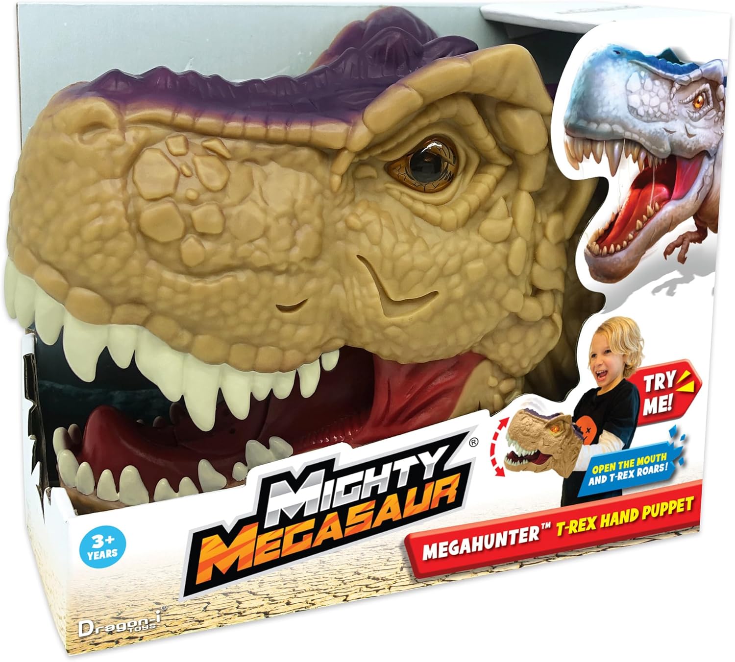 Dragon-i: Mighty Megasaur - Megahunter T-Rex Hand Puppet - Brown - Open & Close The Mouth, Roaring Sounds, Light-Up Eyes, Realistic Dino Head, Kids 3+