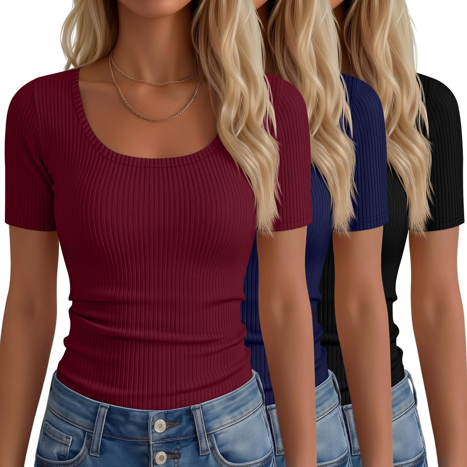 Neer 3 Pack Fitted Ribbed Scoop Neck T-Shirts for Women, Tight Short Sleeve Tops Slim Basic Tee Trendy Summer Blouses