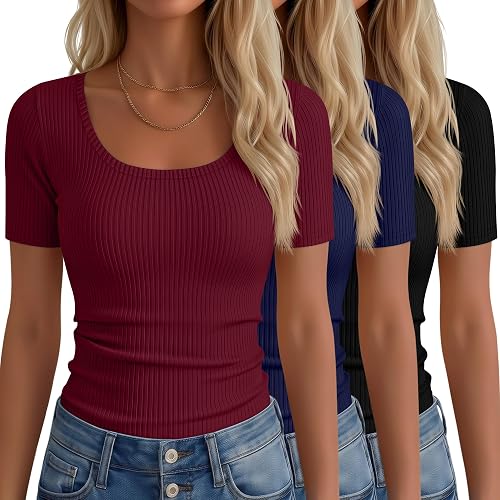 Neer 3 Pack Womens Fitted Ribbed T-Shirts, 3-Color, M