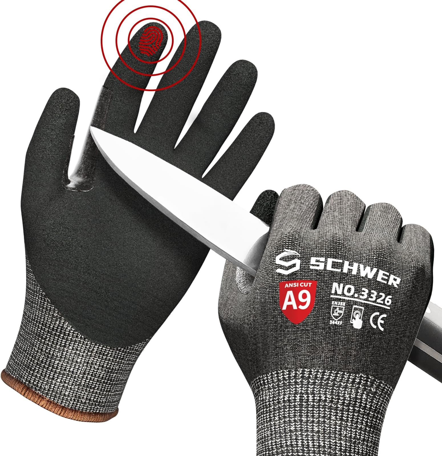 Schwer ProGuard High Level Cut Resistant Work Gloves PR3326 for Extreme Protection，ANSI A9 Cut Gloves with Reinforced Thumb, Non Slip, Durable, Touch-screen, Black 1 Pair（XXL）