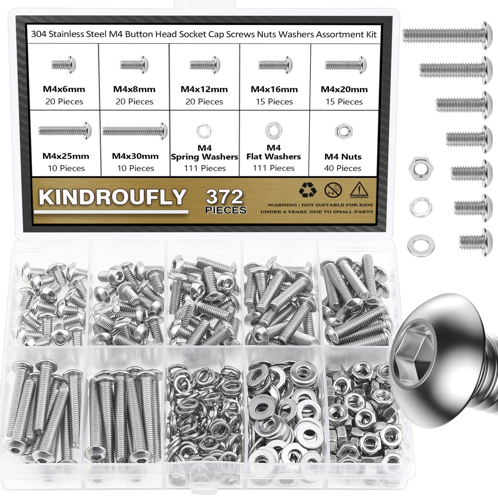 Kindroufly 372 Pieces M4 x 6/8 /12/16 /20/25 /30mm Button Head Socket Cap Screws Nuts Washers Assortment Kit, 304 Stainless Steel, Fully Machine