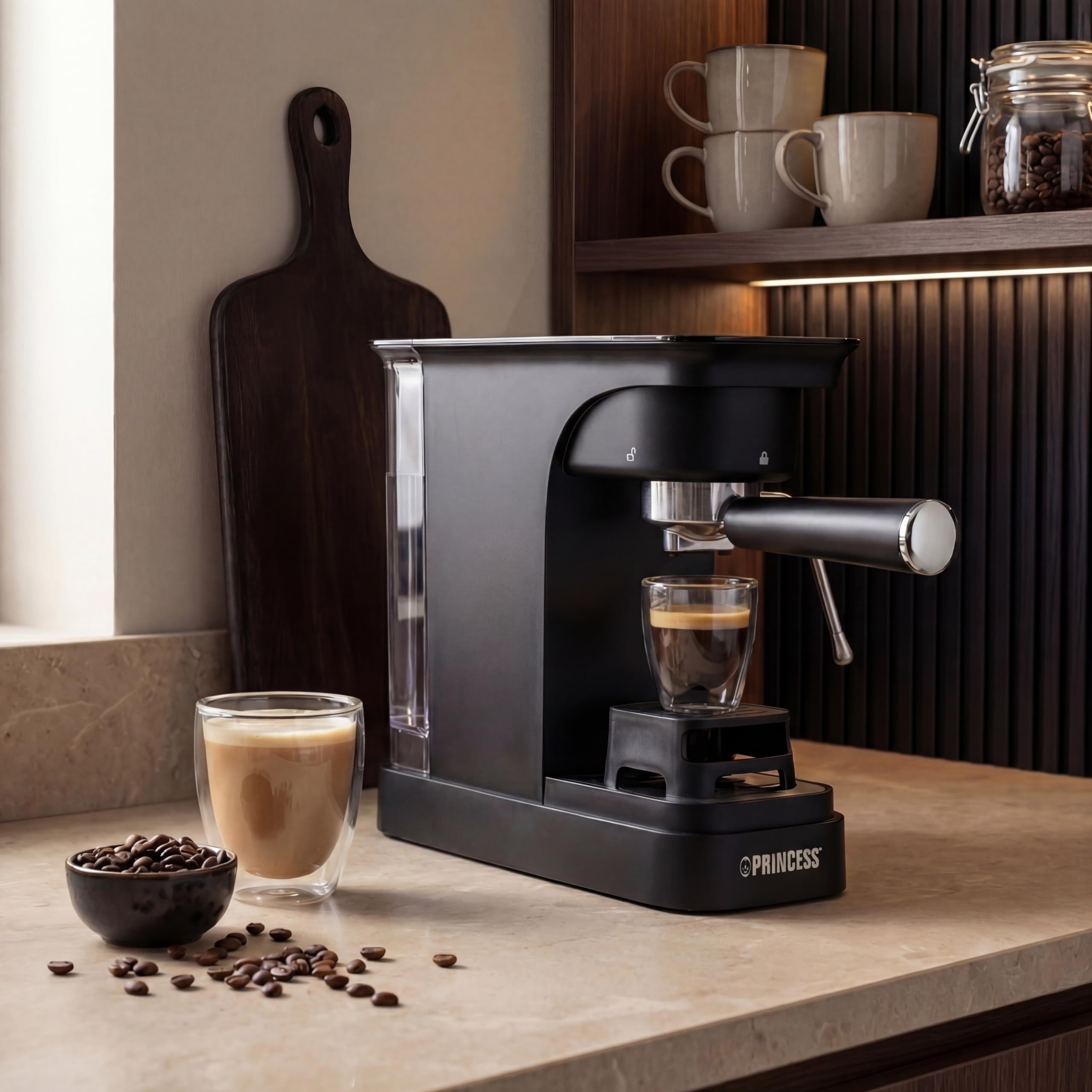 Princess Espressomaschine, 20 Bar Pumpdruck, 0,8 l Wassertank, Für Gemahlenen Kaffee und ESE Pads, Kompaktes Design, Schwarzes Gehäuse, 01.249421.01.001