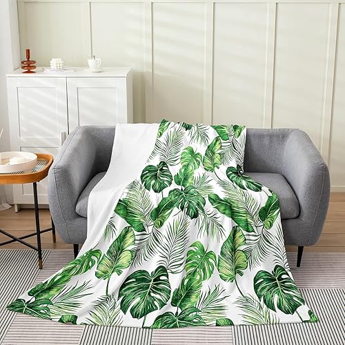 Erosebridal Manta de hojas de palma, tamaño individual de 60 x 80 pulgadas, forro polar hawaiano verde para todas las estaciones, hojas de plátano