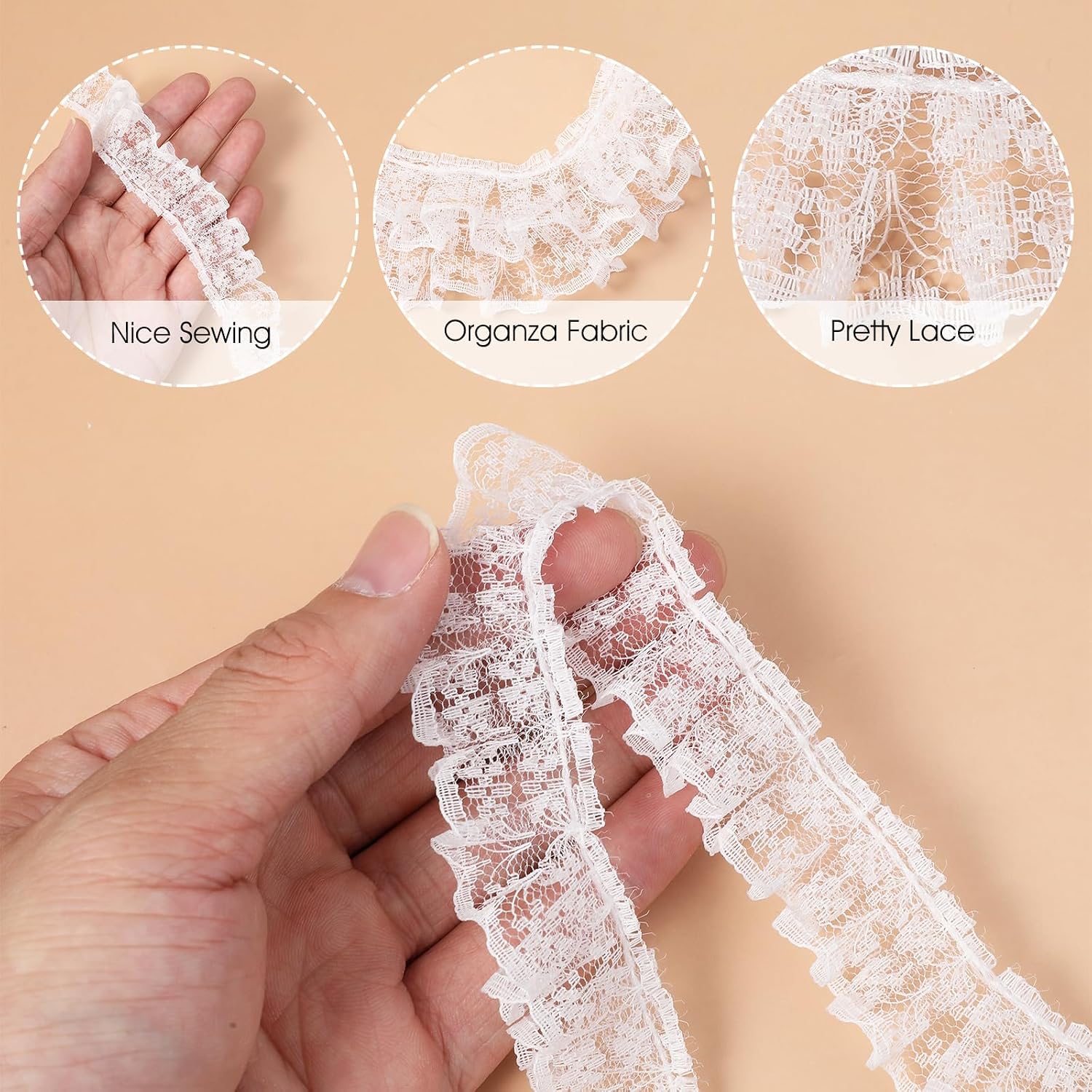 Grevosea 32.8ft Lace Trim, 1 Inch White Lace Fabric Pleated Edge Ruffle Trim Ribbon for Sewing Craft Wedding Bridal Dress Embellishment Christmas Applique Decorations