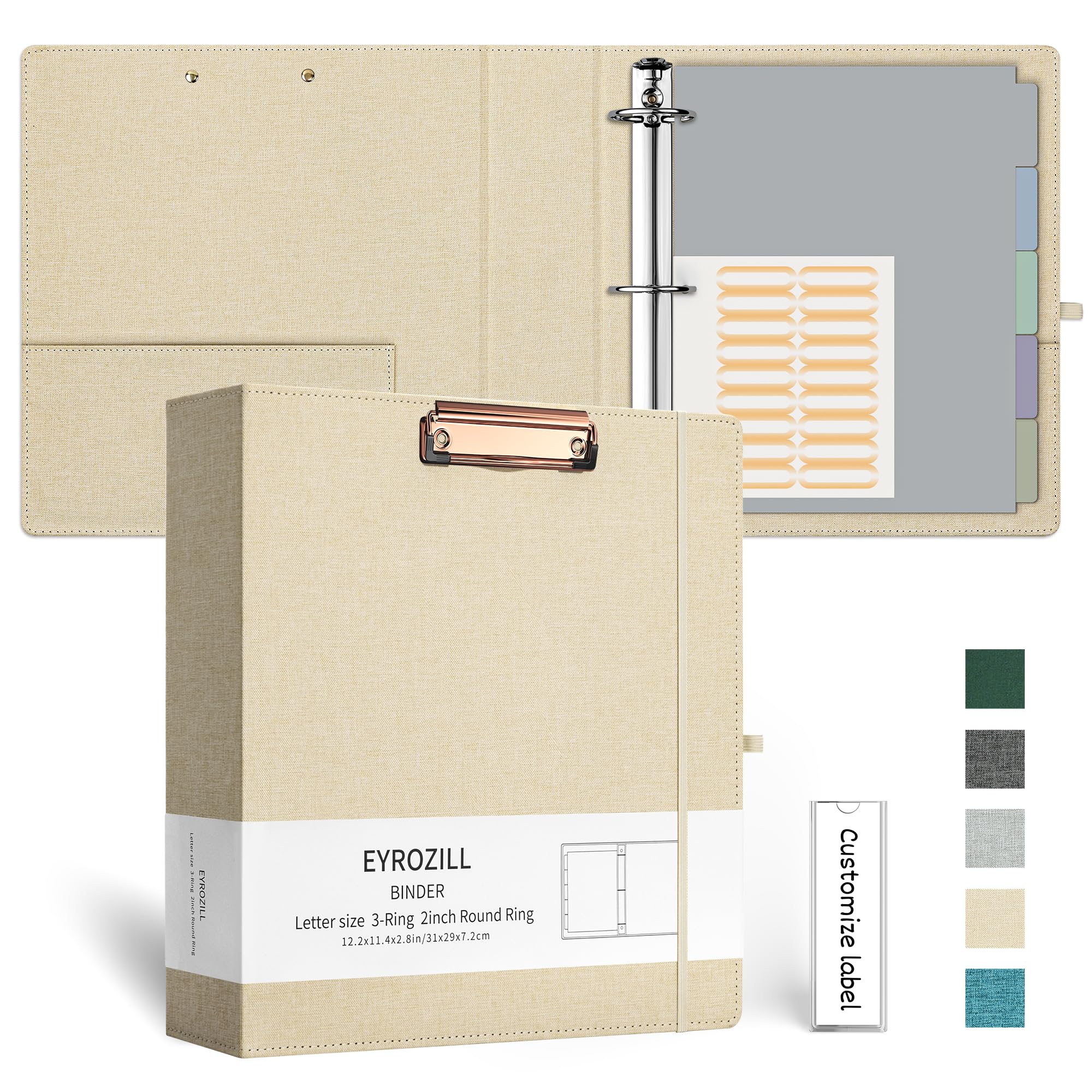 EYROZILL 3 Ring Binder 2 Inch, Binder for Letter Size (11" x 8.5") with 5 Tab Dividers, File Folder Labels and Low Profile Clipboards, Apricot
