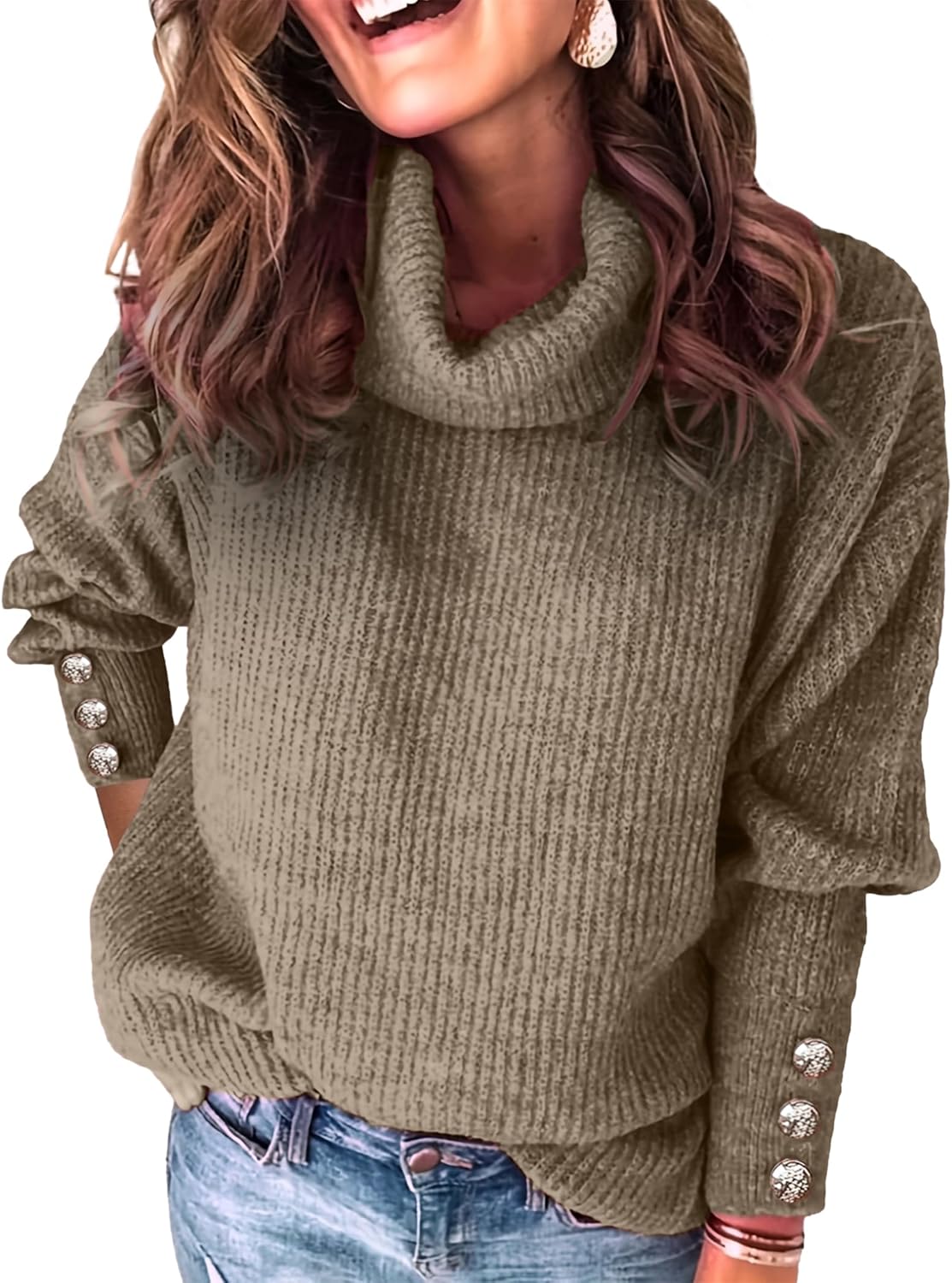 Womens Oversized Turtleneck Sweaters Spring 2026 Lightweight Thin Ribbed Knit Button Cropped Pullover Top