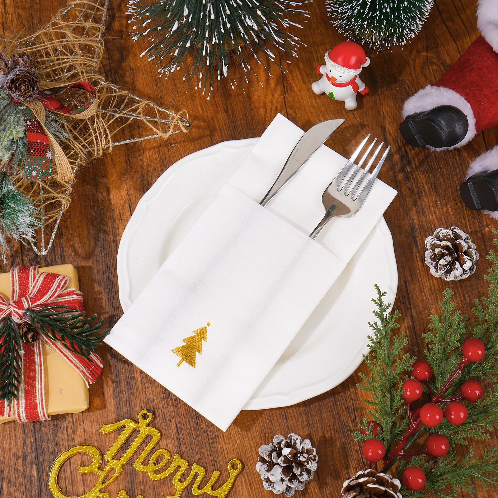 Whaline Lot de 100 serviettes en papier jetables avec poche intégrée pour couverts Motif sapin de Noël Doré