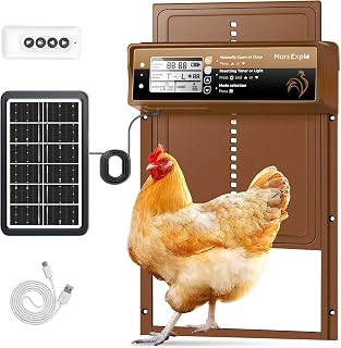Solar Powered Automatic Chicken Coop Door, LCD Display, Timer & Light Sensor, 20-m Remote Control, Electirc Door,4 Modes, USB Rechargeable Battery, Brown
