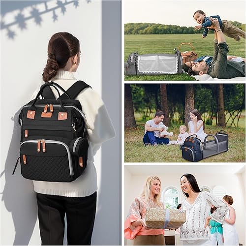 Miniatura 6 de Mochila para pañales, Bolsa de pañales impermeable, con cambiador de pañales, Bolsa portátil grande para bebés, Mochila de viaje, Negro -, Mochilas